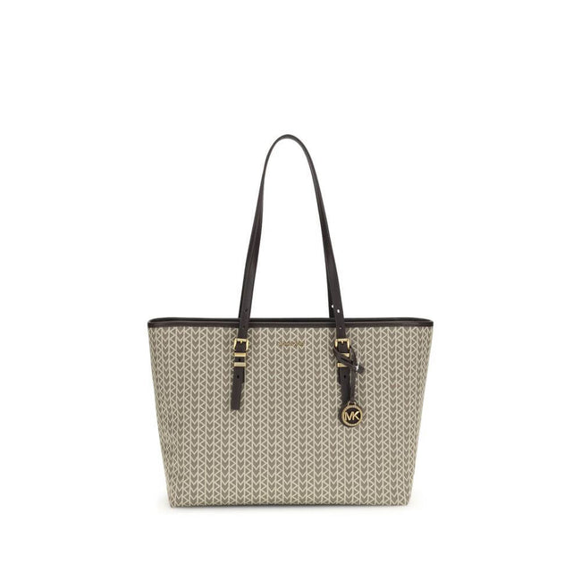 Beige Polyester Shoulder BagThe Quinn large jacquard logo Tote Bag by Michael Kors combines style and functionality in a versatile design. Featuring wide adjustable leather shoulder straps, it offers a spacious interior ideal for elegantly tackling every