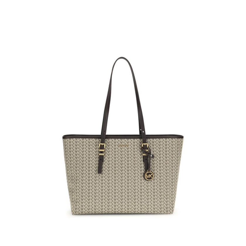 Beige Polyester Shoulder BagThe Quinn large jacquard logo Tote Bag by Michael Kors combines style and functionality in a versatile design. Featuring wide adjustable leather shoulder straps, it offers a spacious interior ideal for elegantly tackling every