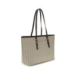 Beige Polyester Shoulder BagThe Quinn large jacquard logo Tote Bag by Michael Kors combines style and functionality in a versatile design. Featuring wide adjustable leather shoulder straps, it offers a spacious interior ideal for elegantly tackling every