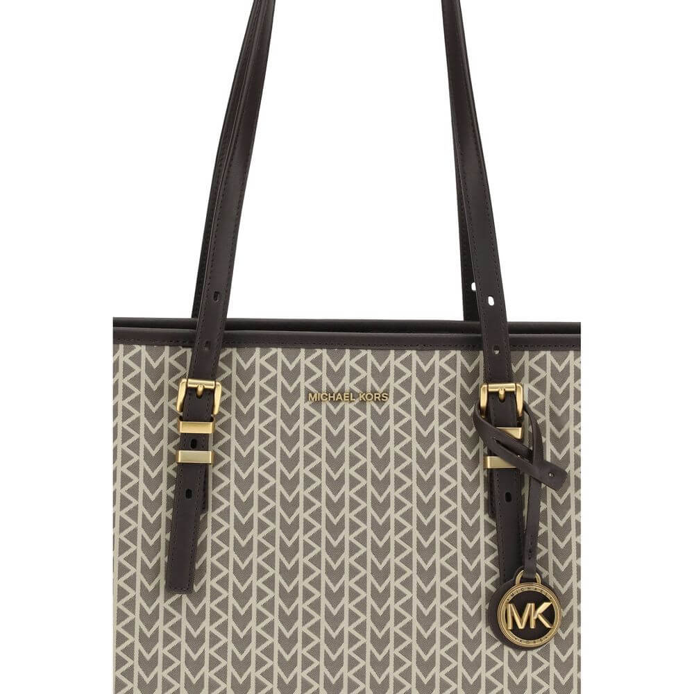 Beige Polyester Shoulder BagThe Quinn large jacquard logo Tote Bag by Michael Kors combines style and functionality in a versatile design. Featuring wide adjustable leather shoulder straps, it offers a spacious interior ideal for elegantly tackling every