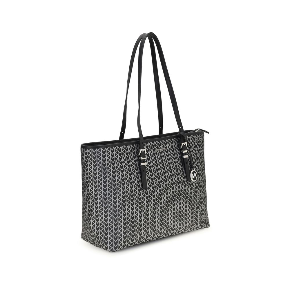 Black Polyester Shoulder BagThe Quinn large jacquard logo Tote Bag by Michael Kors combines style and functionality in a versatile design. Featuring wide adjustable leather shoulder straps, it offers a spacious interior ideal for elegantly tackling every