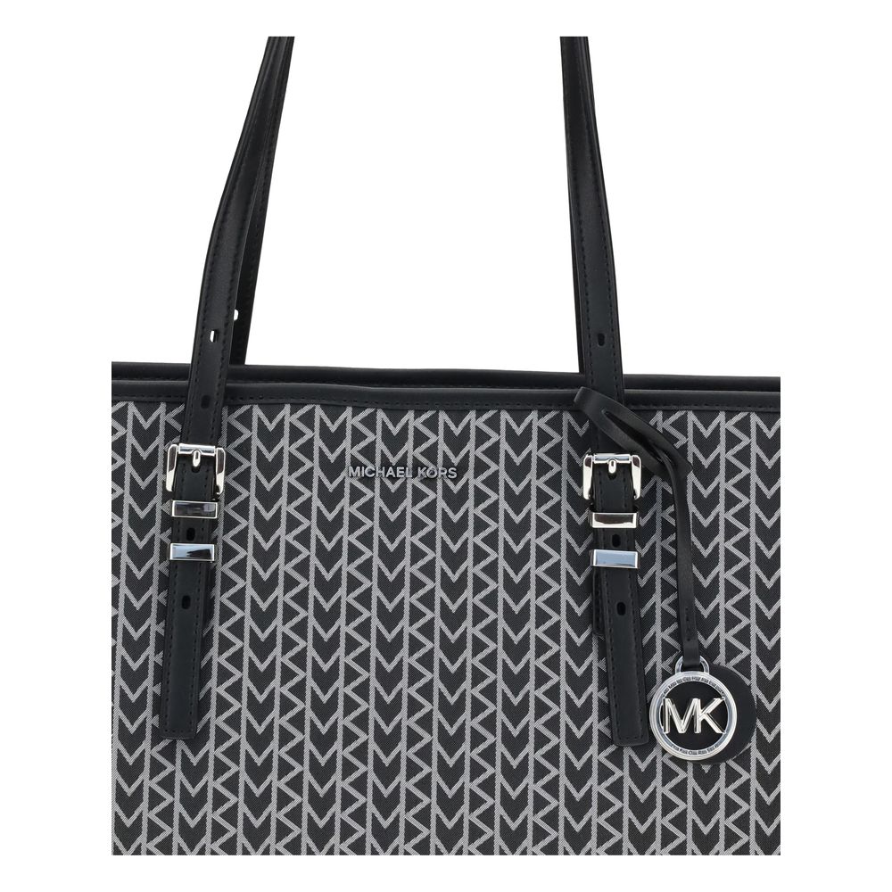 Black Polyester Shoulder BagThe Quinn large jacquard logo Tote Bag by Michael Kors combines style and functionality in a versatile design. Featuring wide adjustable leather shoulder straps, it offers a spacious interior ideal for elegantly tackling every