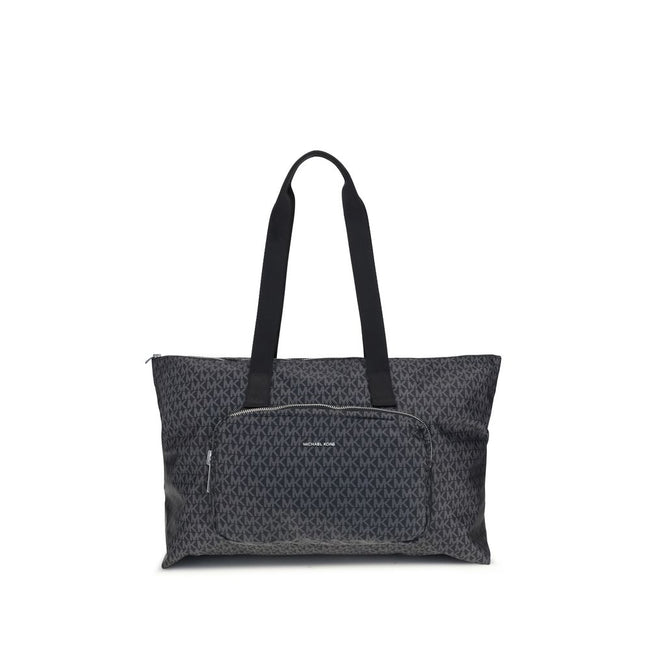 Black Polyester Shoulder BagThe Michael Kors Tanner large Tote Bag is perfect for the stylish and practical traveler. With its reversible design, it offers two looks in one: iconic logo print on one side and solid color on the other. Foldable inside itsel