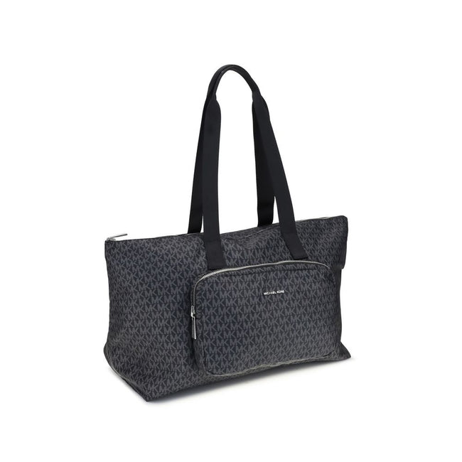Black Polyester Shoulder BagThe Michael Kors Tanner large Tote Bag is perfect for the stylish and practical traveler. With its reversible design, it offers two looks in one: iconic logo print on one side and solid color on the other. Foldable inside itsel