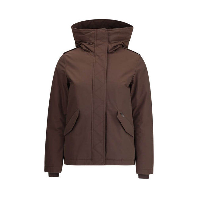 Brown Cotton Full-Length JacketWoolrich’s padded Jacket is a practical and warm garment featuring a hooded design that offers added protection. The front closure combines a double-slider zipper and snaps for optimal security and comfort. Completing the de
