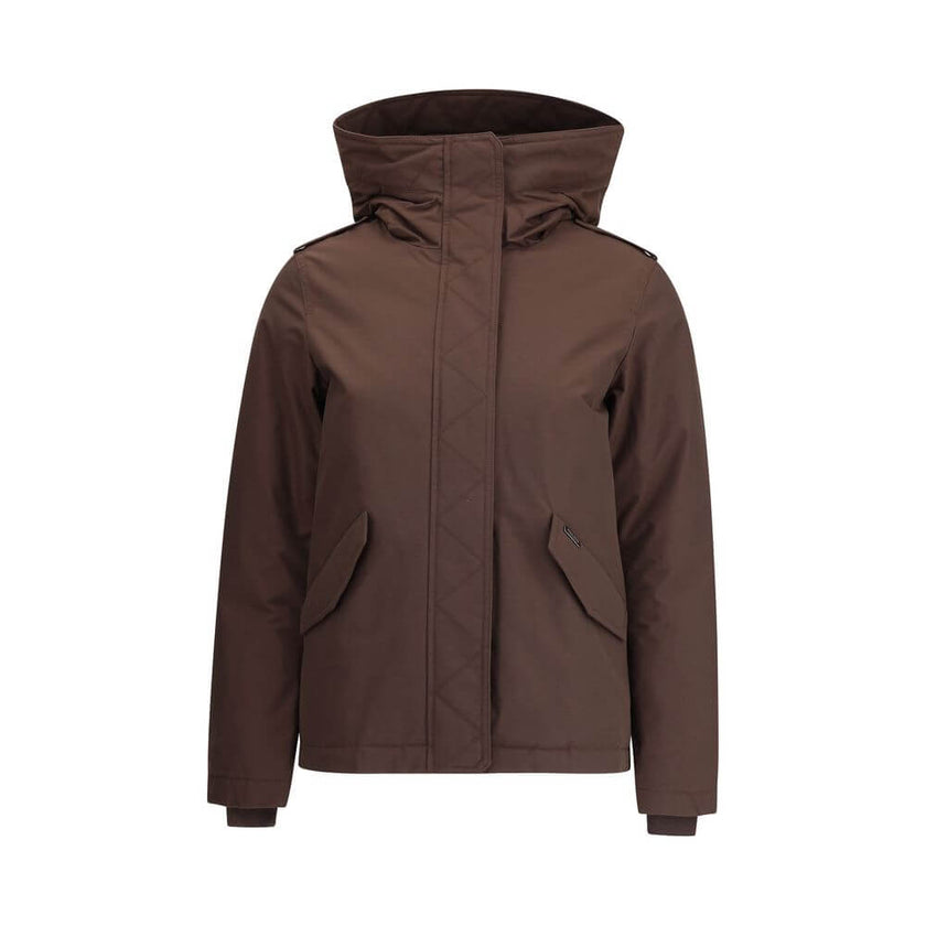 Brown Cotton Full-Length JacketWoolrich’s padded Jacket is a practical and warm garment featuring a hooded design that offers added protection. The front closure combines a double-slider zipper and snaps for optimal security and comfort. Completing the de