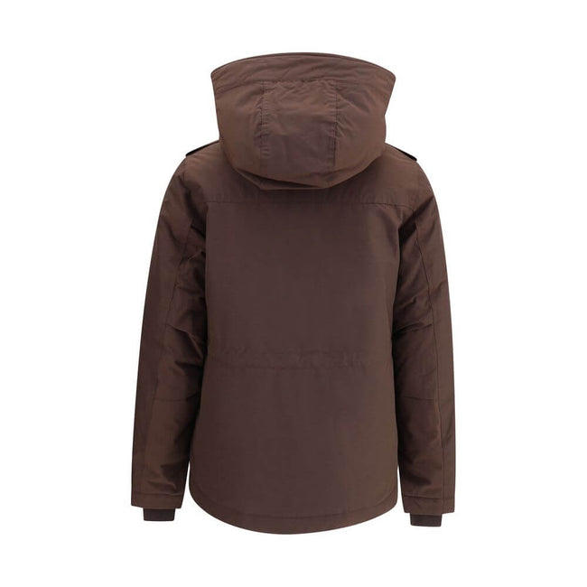 Brown Cotton Full-Length JacketWoolrich’s padded Jacket is a practical and warm garment featuring a hooded design that offers added protection. The front closure combines a double-slider zipper and snaps for optimal security and comfort. Completing the de