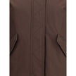 Brown Cotton Full-Length JacketWoolrich’s padded Jacket is a practical and warm garment featuring a hooded design that offers added protection. The front closure combines a double-slider zipper and snaps for optimal security and comfort. Completing the de