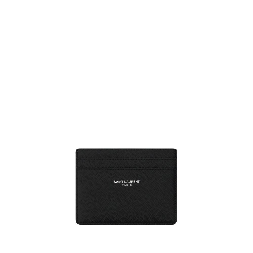 Black Calf Leather Bos Taurus WalletLeather Grain De Poudre Credit Card Holder from Saint Laurent, two slots card on front and back, one open pocket for coins, embossed brand logo on front. Season: AW25 Dimension: 10×10 Composition: 100% Calf Leather Bos