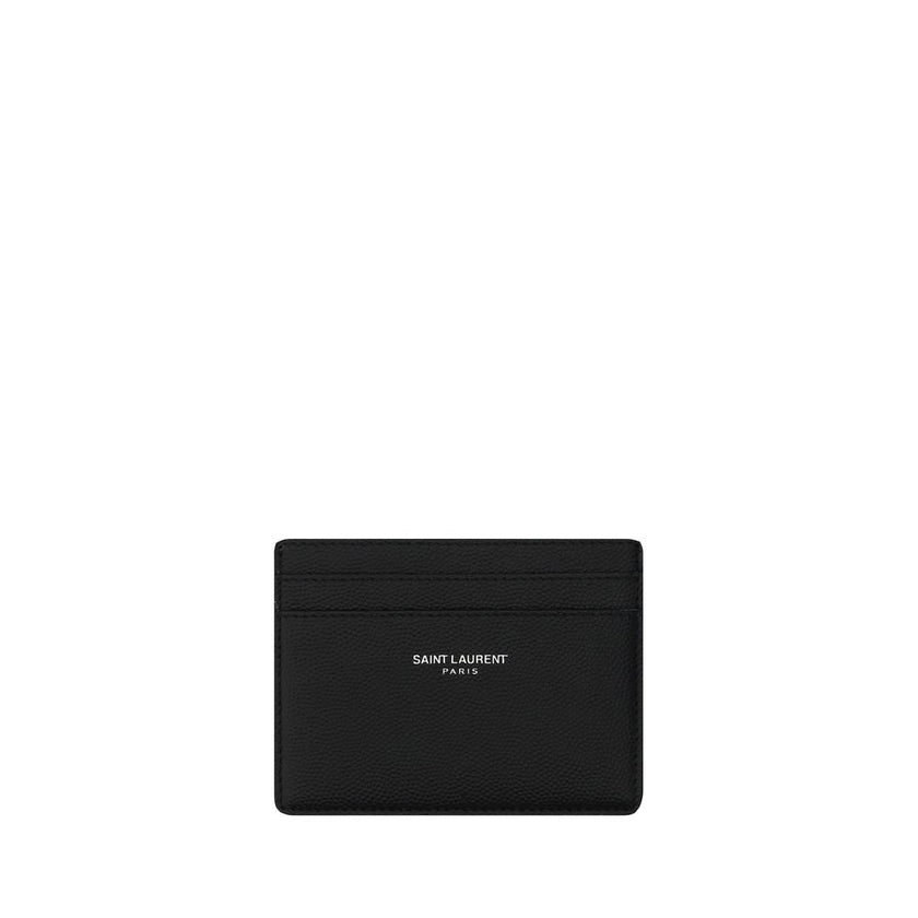 Black Calf Leather Bos Taurus WalletLeather Grain De Poudre Credit Card Holder from Saint Laurent, two slots card on front and back, one open pocket for coins, embossed brand logo on front. Season: AW25 Dimension: 10×10 Composition: 100% Calf Leather Bos