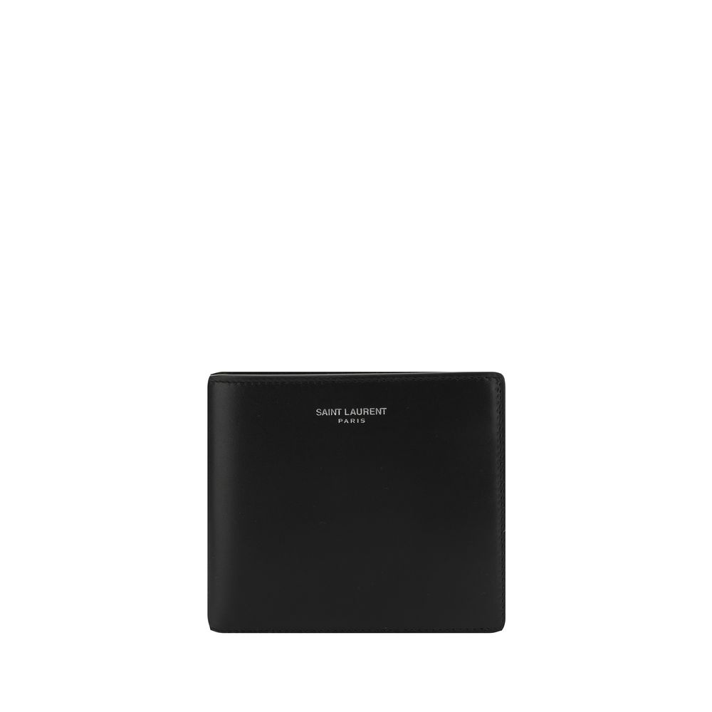 Black Calf Leather Bos Taurus WalletCalfskin Wallet by Saint Laurent, billfold design, card slots inside, bill compartment, iconic brand monogram printed in contrasting pressure on front. Season: AW25 Dimension: 11×11 Composition: 100% Calf Leather Bos Ta