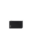 Black Calf Leather Bos Taurus WalletCalfskin Card Holder by Saint Laurent, three-dimensional iconic YSL logo plaque on front, card slot on front, top zipper closure. Season: AW25 Dimension: 13×13 Composition: 100% Calf Leather Bos Taurus MADE IN ITALYBlac