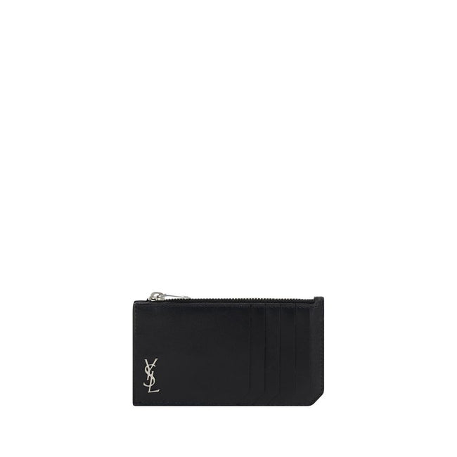 Black Calf Leather Bos Taurus WalletCalfskin Card Holder by Saint Laurent, three-dimensional iconic YSL logo plaque on front, card slot on front, top zipper closure. Season: AW25 Dimension: 13×13 Composition: 100% Calf Leather Bos Taurus MADE IN ITALYBlac