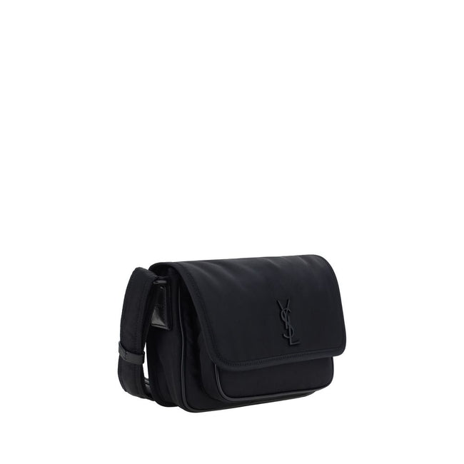 Black Polyamide Shoulder BagShoulder Bag by Saint Laurent, adjustable shoulder strap, front closure with magnetic flap, iconic three-dimensional YSL logo plaque applied to front, welt pocket on back panel, single interior compartment. Season: AW25 Dimensi