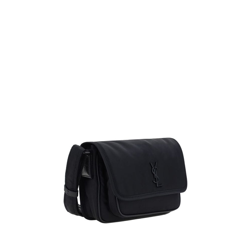 Black Polyamide Shoulder BagShoulder Bag by Saint Laurent, adjustable shoulder strap, front closure with magnetic flap, iconic three-dimensional YSL logo plaque applied to front, welt pocket on back panel, single interior compartment. Season: AW25 Dimensi