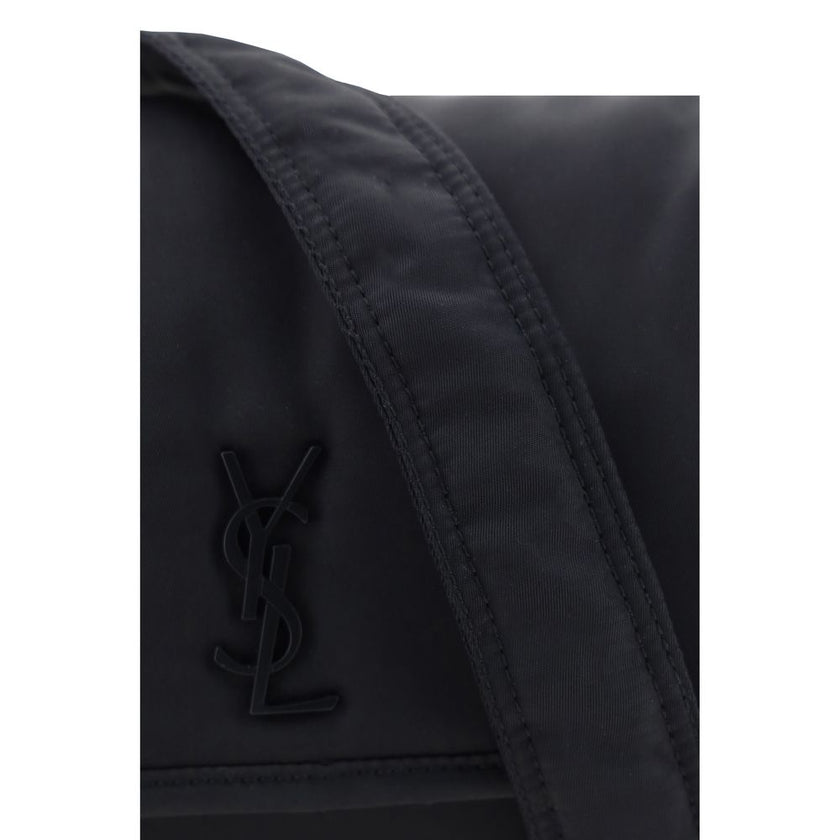Black Polyamide Shoulder BagShoulder Bag by Saint Laurent, adjustable shoulder strap, front closure with magnetic flap, iconic three-dimensional YSL logo plaque applied to front, welt pocket on back panel, single interior compartment. Season: AW25 Dimensi