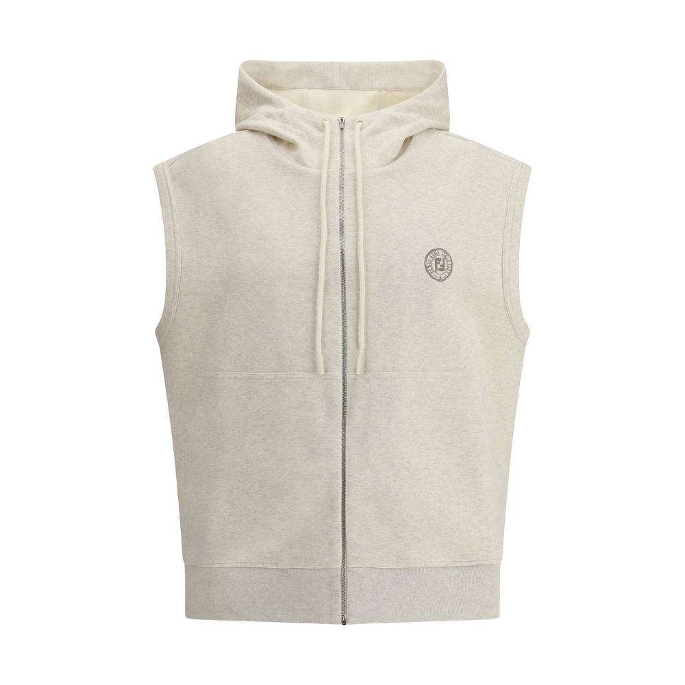 Gray Cotton SweatshirtFendi’s Hooded sweatshirt Vest combines comfort and contemporary style. Featuring a front zipper closure, it features the iconic logo printed on the front, two patch pockets and a ribbed hem that complete the functional and stylish d
