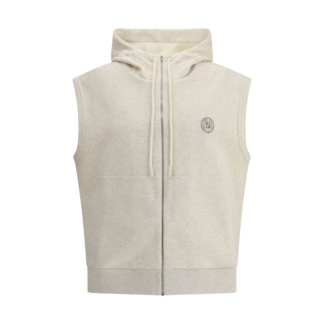 Gray Cotton SweatshirtFendi’s Hooded sweatshirt Vest combines comfort and contemporary style. Featuring a front zipper closure, it features the iconic logo printed on the front, two patch pockets and a ribbed hem that complete the functional and stylish d