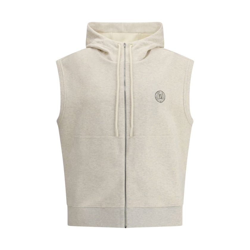 Gray Cotton SweatshirtFendi’s Hooded sweatshirt Vest combines comfort and contemporary style. Featuring a front zipper closure, it features the iconic logo printed on the front, two patch pockets and a ribbed hem that complete the functional and stylish d