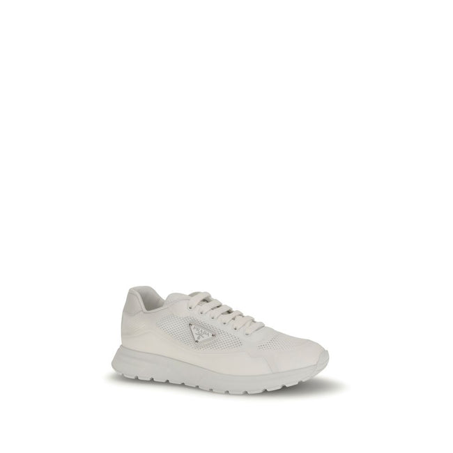 White Rubber Athletic SneakersPrada’s Prax 2.0 Sneakers combine contemporary design and iconic details. Made of technical fabric and mesh, they are embellished with the unmistakable enameled metal triangle logo. The polyester lace-up closure ensures a sec