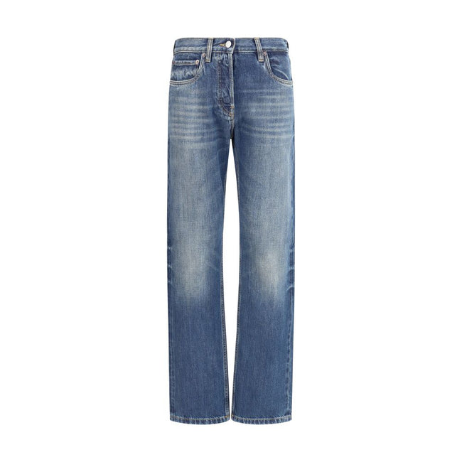 Blue Cotton Straight-Leg JeansPrada’s Straight Jeans combine classic style with distinctive details. With five-pocket styling, they feature a front zip-and-button closure, belt loops at the waist and a logo patch on the back for a touch of contemporary el