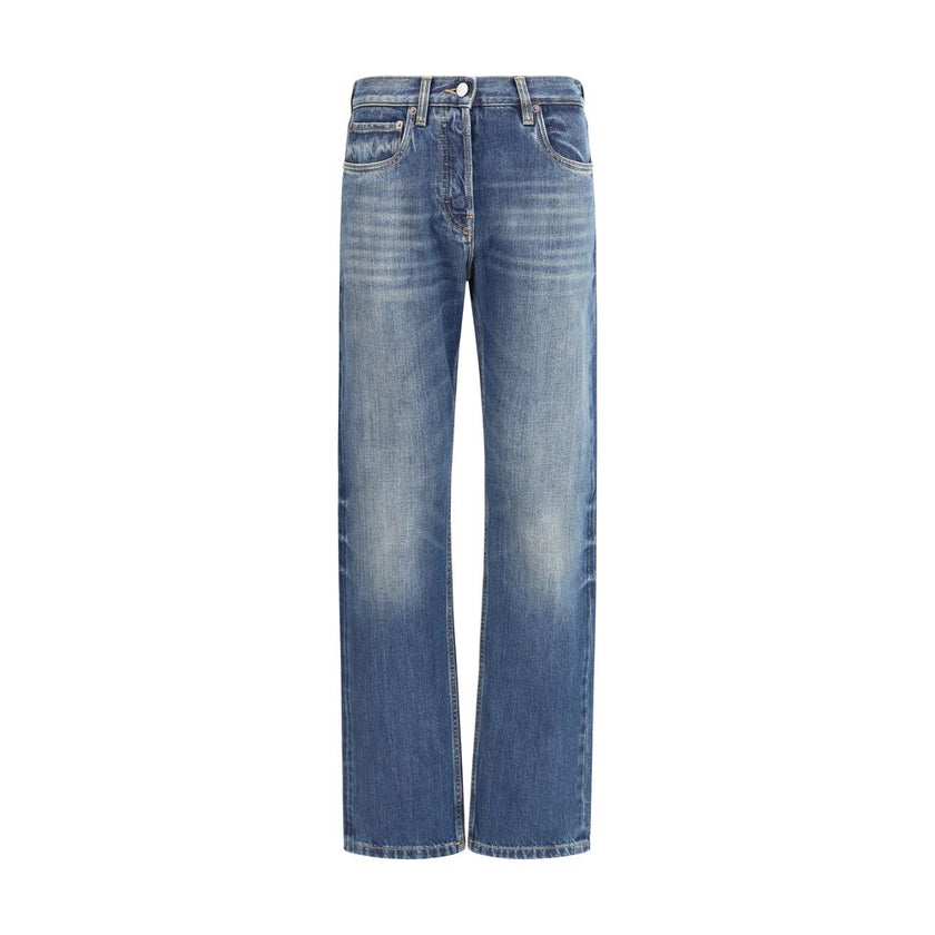 Blue Cotton Straight-Leg JeansPrada’s Straight Jeans combine classic style with distinctive details. With five-pocket styling, they feature a front zip-and-button closure, belt loops at the waist and a logo patch on the back for a touch of contemporary el