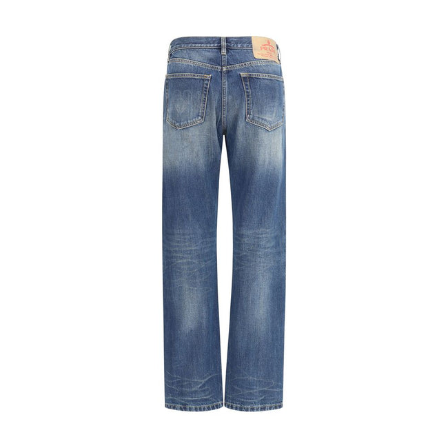 Blue Cotton Straight-Leg JeansPrada’s Straight Jeans combine classic style with distinctive details. With five-pocket styling, they feature a front zip-and-button closure, belt loops at the waist and a logo patch on the back for a touch of contemporary el