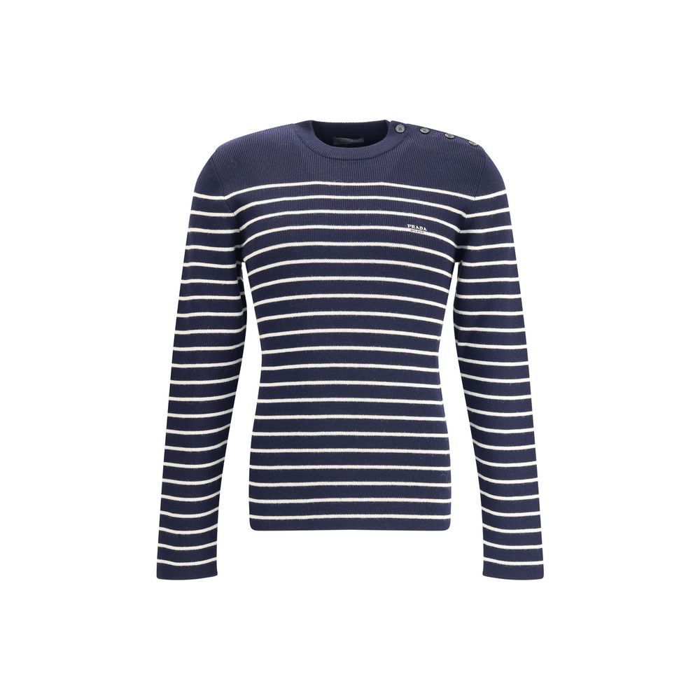 Blue Fleece Wool SweatshirtPrada’s virgin wool striped Sweater combines classicism and contemporary identity. Featuring a ribbed crew neck, it features a vibrant striped pattern and the iconic jacquard signature on the front, a distinctive detail that sig