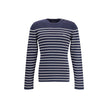 Blue Fleece Wool SweatshirtPrada’s virgin wool striped Sweater combines classicism and contemporary identity. Featuring a ribbed crew neck, it features a vibrant striped pattern and the iconic jacquard signature on the front, a distinctive detail that sig