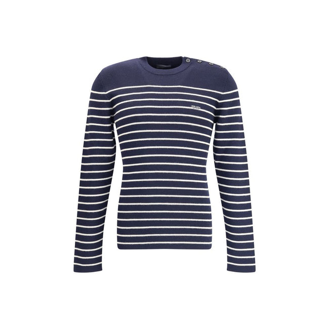 Blue Fleece Wool SweatshirtPrada’s virgin wool striped Sweater combines classicism and contemporary identity. Featuring a ribbed crew neck, it features a vibrant striped pattern and the iconic jacquard signature on the front, a distinctive detail that sig