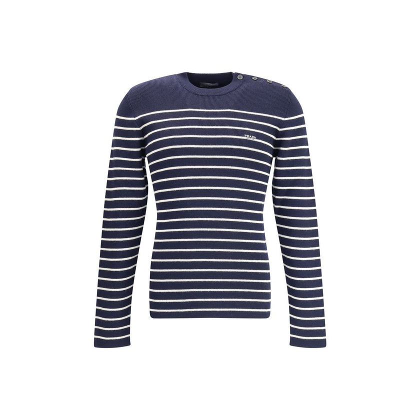 Blue Fleece Wool SweatshirtPrada’s virgin wool striped Sweater combines classicism and contemporary identity. Featuring a ribbed crew neck, it features a vibrant striped pattern and the iconic jacquard signature on the front, a distinctive detail that sig