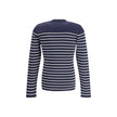 Blue Fleece Wool SweatshirtPrada’s virgin wool striped Sweater combines classicism and contemporary identity. Featuring a ribbed crew neck, it features a vibrant striped pattern and the iconic jacquard signature on the front, a distinctive detail that sig