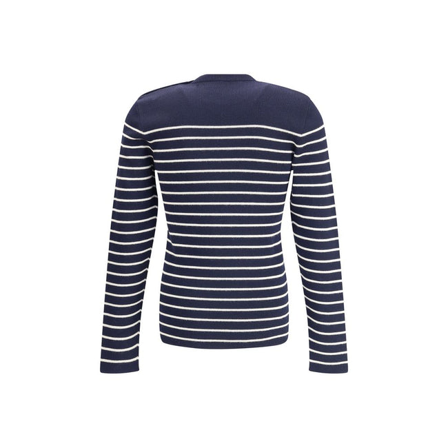Blue Fleece Wool SweatshirtPrada’s virgin wool striped Sweater combines classicism and contemporary identity. Featuring a ribbed crew neck, it features a vibrant striped pattern and the iconic jacquard signature on the front, a distinctive detail that sig