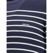 Blue Fleece Wool SweatshirtPrada’s virgin wool striped Sweater combines classicism and contemporary identity. Featuring a ribbed crew neck, it features a vibrant striped pattern and the iconic jacquard signature on the front, a distinctive detail that sig