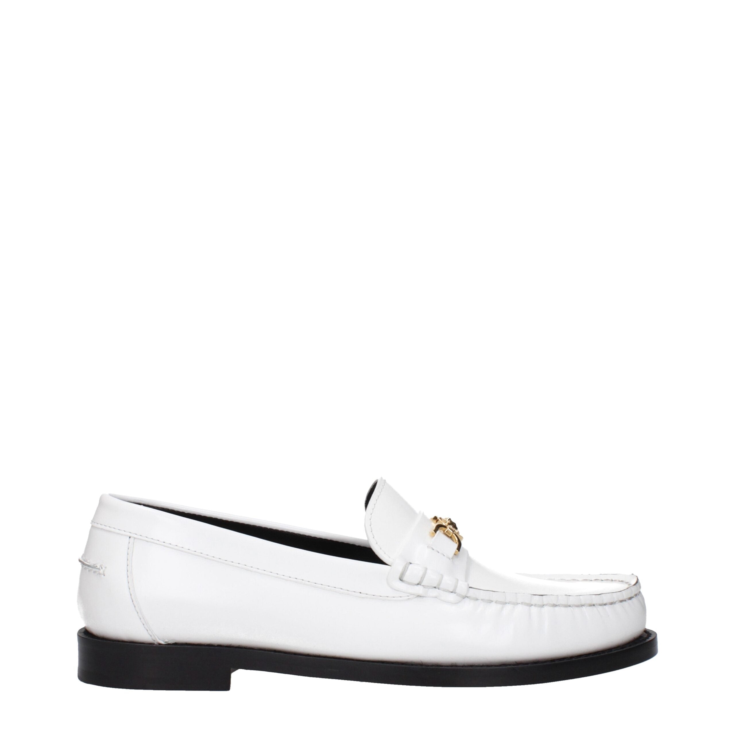 White Leather Slip-On LoafersDescription: The product with MPN 10121231A087731W00V and code F82515 leather in white is a loafers designed by Versace. It has features like front detail, front logo.White Leather Slip-On Loafers${tagsVersaceAulae White Leath