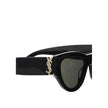 Black Acetate SunglassesThe Saint Laurent Cat-Eye Sunglasses are an elegant and bold accessory that combines a touch of vintage glamour with a contemporary style. The cat-eye shape, with its thin lines and raised sides, gives a feminine and sophisticated