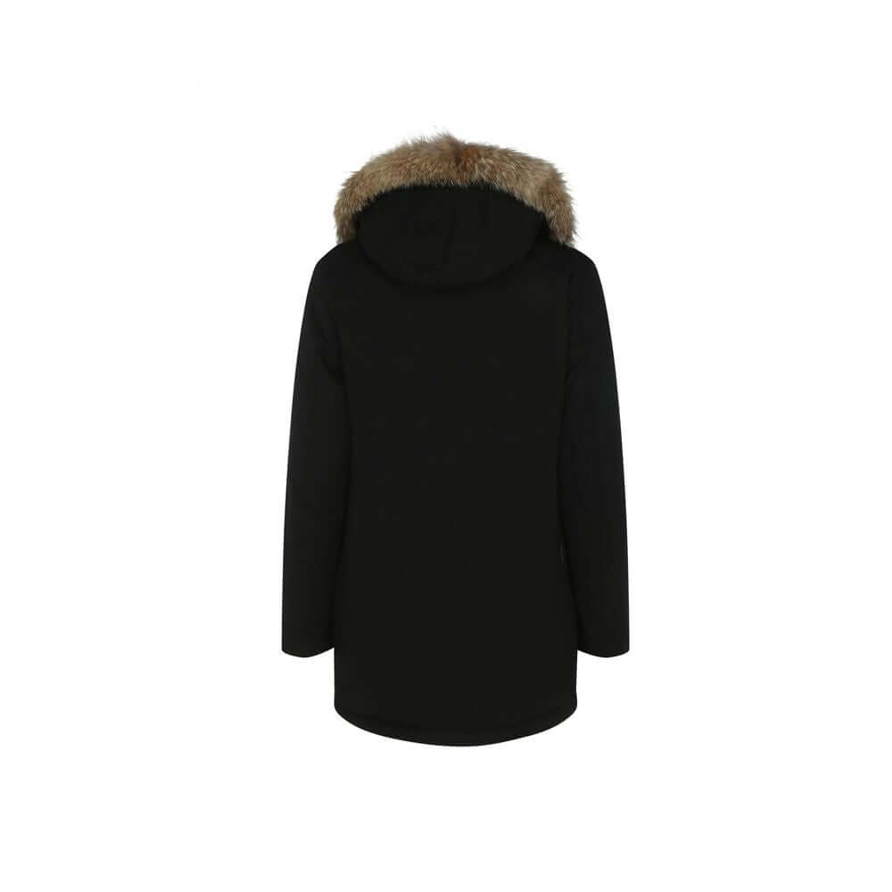 Black Cotton ParkaParka Arctic Jacket by Woolrich Woolen, front closure with invisible zip and cista buttons, two side patch pockets with flap for closure, two welt pockets on the front, patch with iconic brand signature applied on the neckline, elastic r