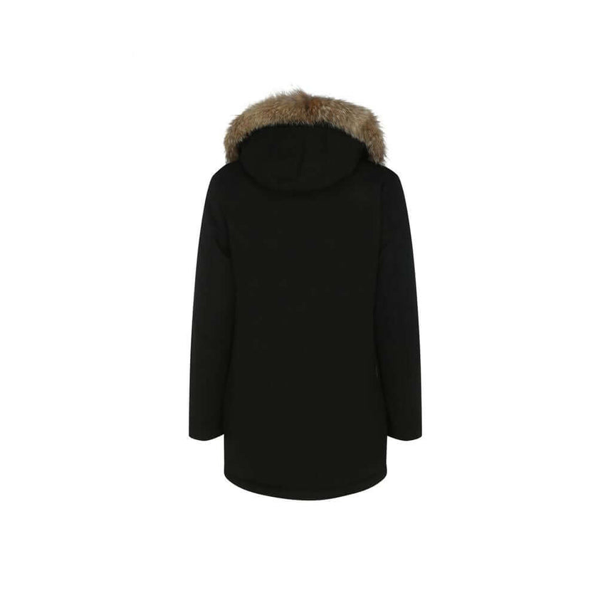 Black Cotton ParkaParka Arctic Jacket by Woolrich Woolen, front closure with invisible zip and cista buttons, two side patch pockets with flap for closure, two welt pockets on the front, patch with iconic brand signature applied on the neckline, elastic r