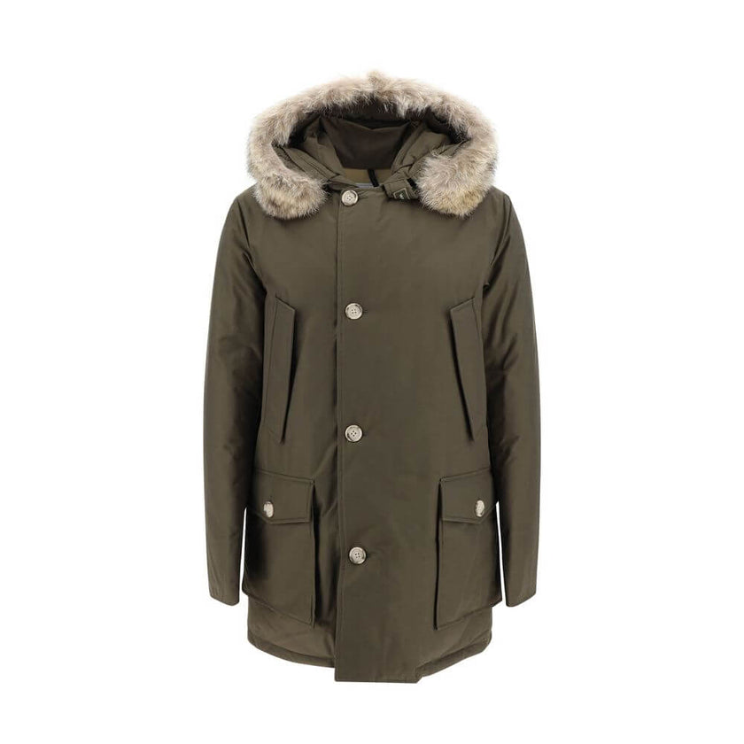 Green Cotton ParkaParka Arctic Jacket by Woolrich Woolen, front closure with invisible zip and cista buttons, two side patch pockets with flap for closure, two welt pockets on the front, patch with iconic brand signature applied on the neckline, elastic r
