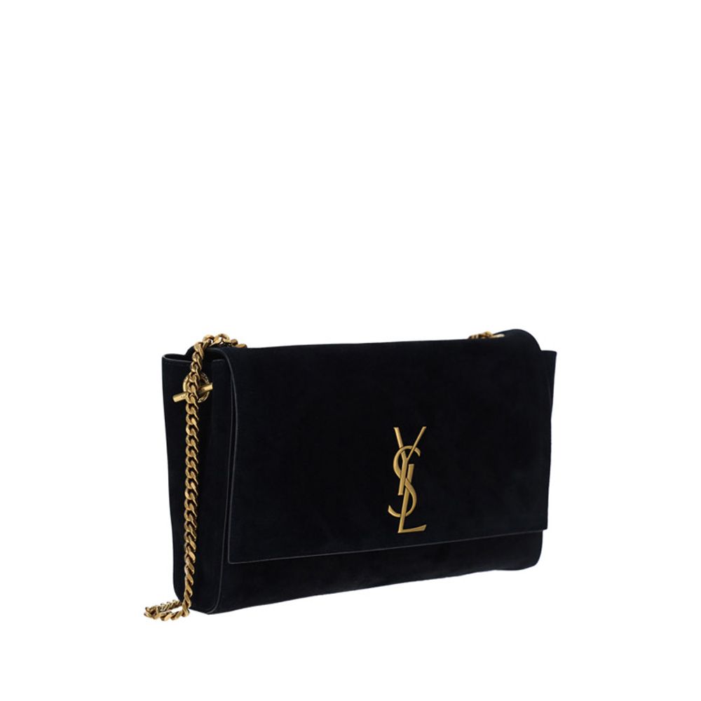 Black Calf Leather Bos Taurus Shoulder BagThe Kate Suede leather Shoulder Bag by Saint Laurent combines elegance and modernity. Featuring a front magnetic closure, it features an embossed plaque with the brand’s iconic monogram on the front. The sliding c
