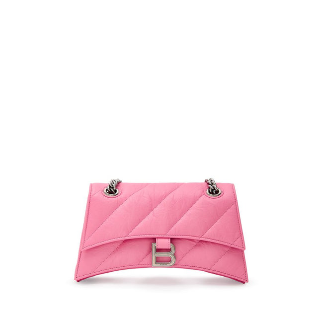 Pink Leather Shoulder BagBalenciaga Crush Shoulder Bag with Silver Chain. Matelassé style, curved design, covered snap closure, silver metal B logo, two internal compartments with zip pocket, double chain. Composition: 100% Leather Brand SKU: 716351210J05