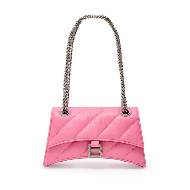 Pink Leather Shoulder BagBalenciaga Crush Shoulder Bag with Silver Chain. Matelassé style, curved design, covered snap closure, silver metal B logo, two internal compartments with zip pocket, double chain. Composition: 100% Leather Brand SKU: 716351210J05