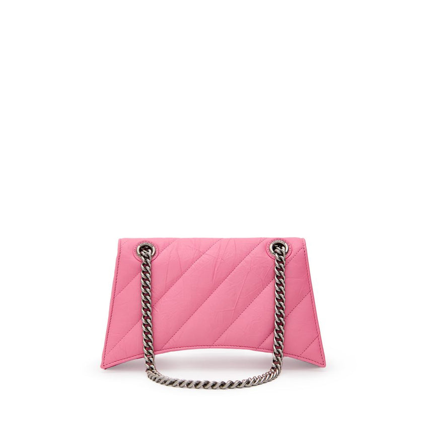 Pink Leather Shoulder BagBalenciaga Crush Shoulder Bag with Silver Chain. Matelassé style, curved design, covered snap closure, silver metal B logo, two internal compartments with zip pocket, double chain. Composition: 100% Leather Brand SKU: 716351210J05