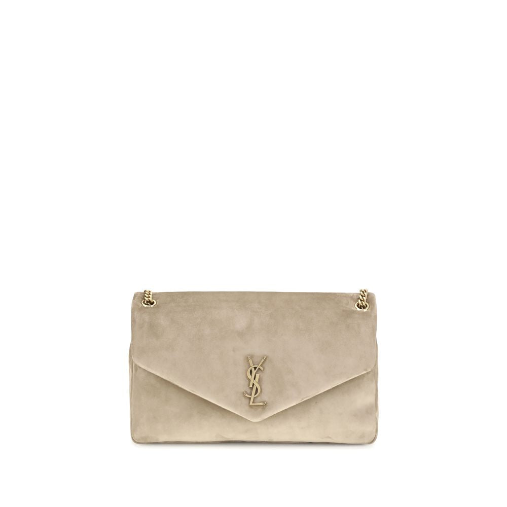 Beige Calf Leather Bos Taurus Shoulder BagThe Saint Laurent large Calypso Shoulder Bag is an elegant and refined accessory, perfect for those seeking a mix of style and functionality. Made with a grosgrain lining, this bag is distinguished by its golden c