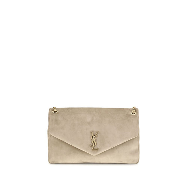 Beige Calf Leather Bos Taurus Shoulder BagThe Saint Laurent large Calypso Shoulder Bag is an elegant and refined accessory, perfect for those seeking a mix of style and functionality. Made with a grosgrain lining, this bag is distinguished by its golden c