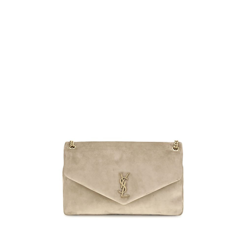Beige Calf Leather Bos Taurus Shoulder BagThe Saint Laurent large Calypso Shoulder Bag is an elegant and refined accessory, perfect for those seeking a mix of style and functionality. Made with a grosgrain lining, this bag is distinguished by its golden c