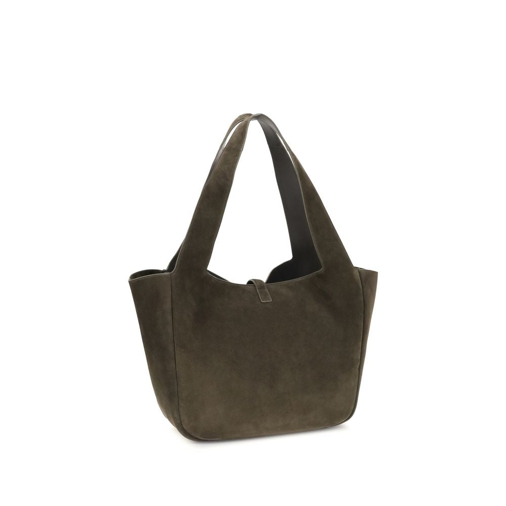 Green Calf Leather Bos Taurus Shoulder BagThe Le 5 à 7 Bea Tote Bag by Saint Laurent, made of suede leather, is an elegant versatile accessory with a refined design. The closure features a strap with a Cassandre logo plaque and a snap button, giving it a