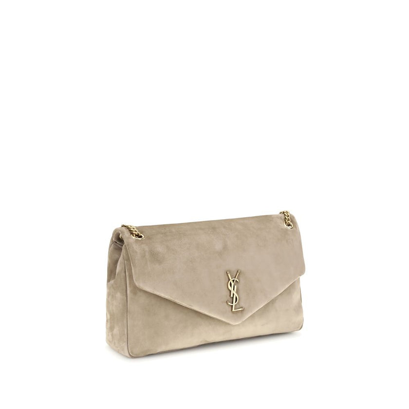 Beige Calf Leather Bos Taurus Shoulder BagThe Saint Laurent large Calypso Shoulder Bag is an elegant and refined accessory, perfect for those seeking a mix of style and functionality. Made with a grosgrain lining, this bag is distinguished by its golden c