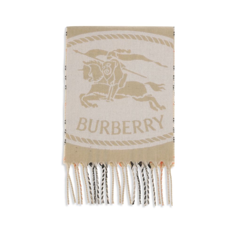 Knight Stamp reversible ScarfThe Burberry Knight Stamp Reversible Cashmere Scarf combines tradition and softness in a refined design. One side features the Burberry logo in jacquard, while the interior is decorated with the iconic Burberry Check pattern.