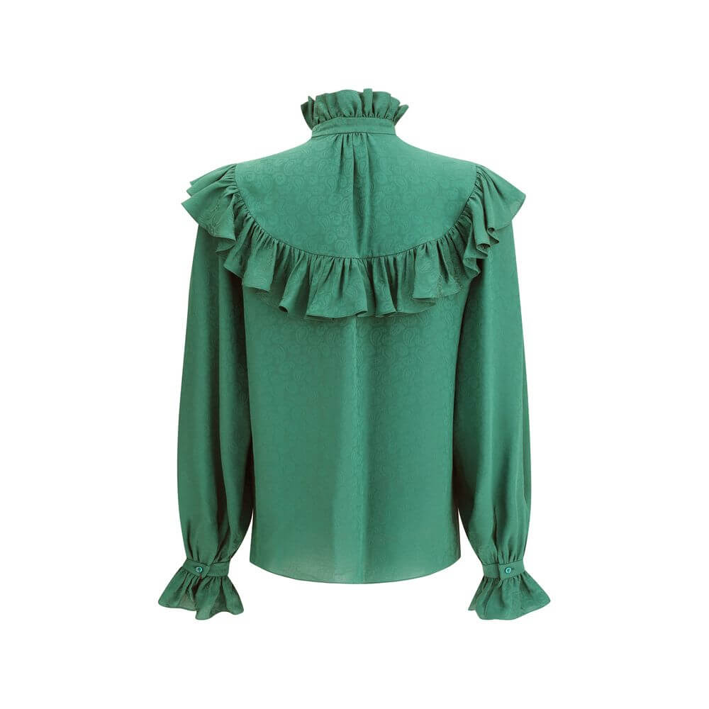 Green Silk BlouseSaint Laurent’s silk Blouse is an elegant garment with a romantic flair, enhanced by a delicate tone-on-tone paisley pattern. Featuring a mandarin collar and ruffles at the neck, chest and along the sleeves, it has a front button closure